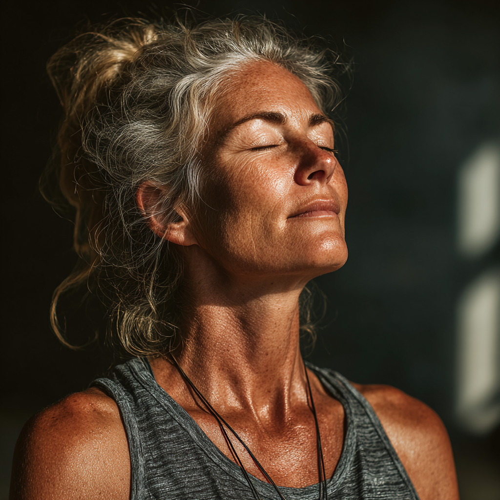 Mature woman in her late forties practicing yoga in a serene studio with natural lighting, focused on mindful breathing and gentle stretching poses