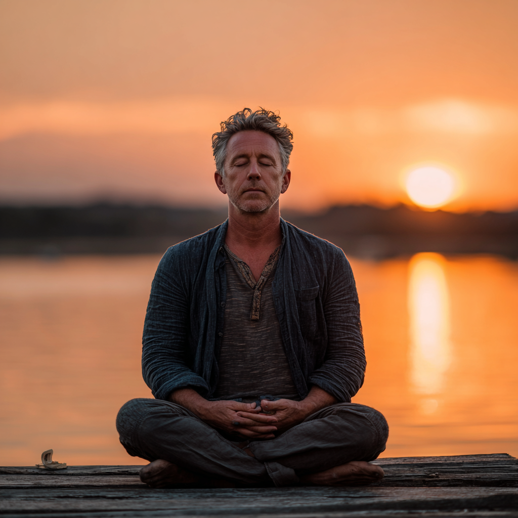 Peaceful middle-aged man around 50 years old in meditation pose at sunrise, demonstrating inner calm and mindfulness practice in a tranquil environment